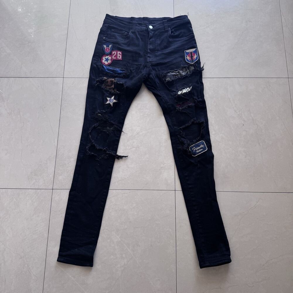 AMIRI Art Patch Black Distressed Skinny Jeans Men’s Size 32 Bandana Cheetah Star